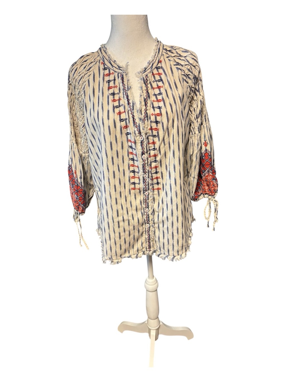 Sundance Cream Tunic with Blue Stripes and Red Sleeve Embroidery